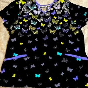 ScrubStar Scrub Top size Large. Butterfly, purple, green, deep pockets